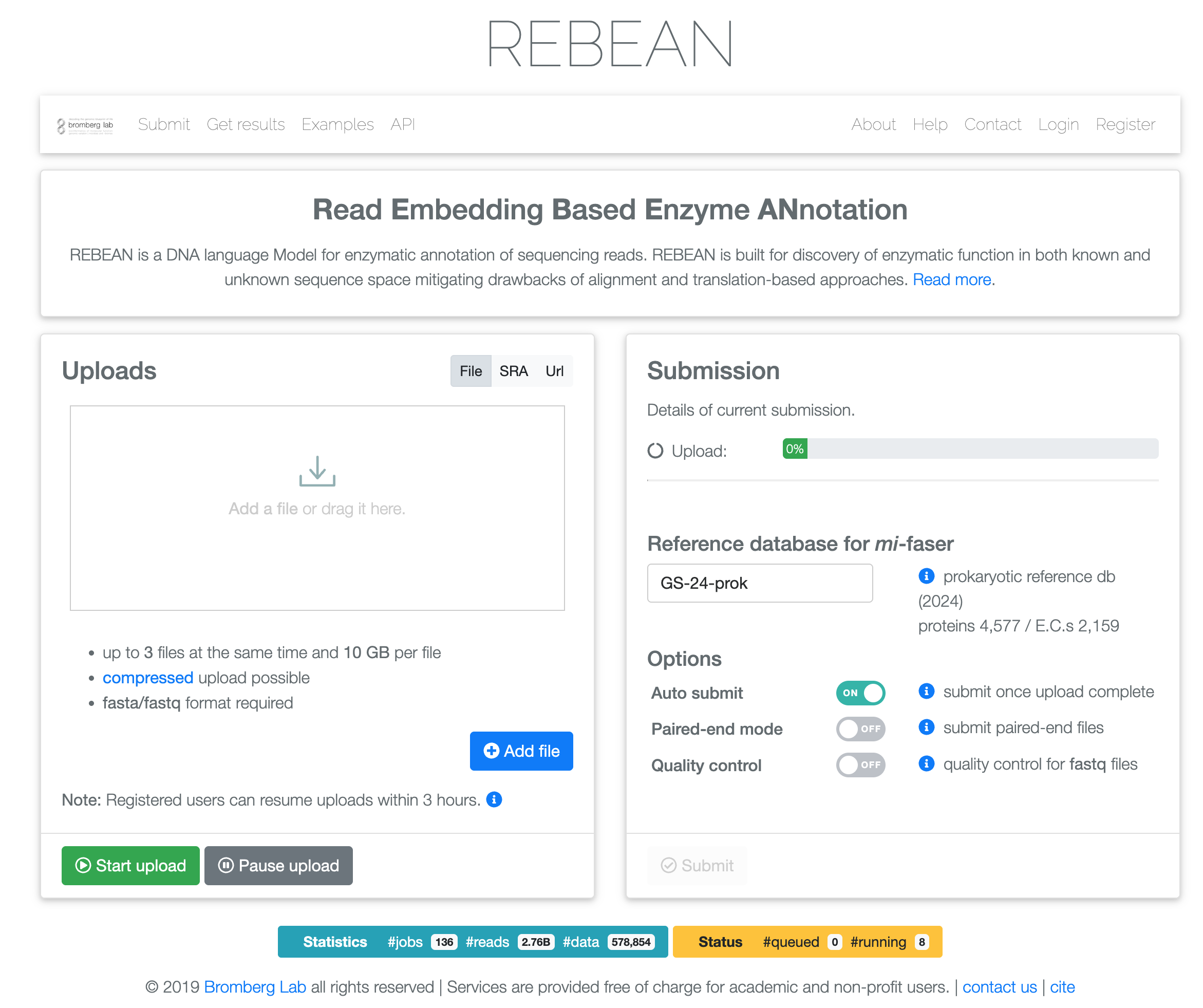 The REBEAN submission page: a navigation bar across the top, the Uploads panel on the left half and the Submission panel on the right half.