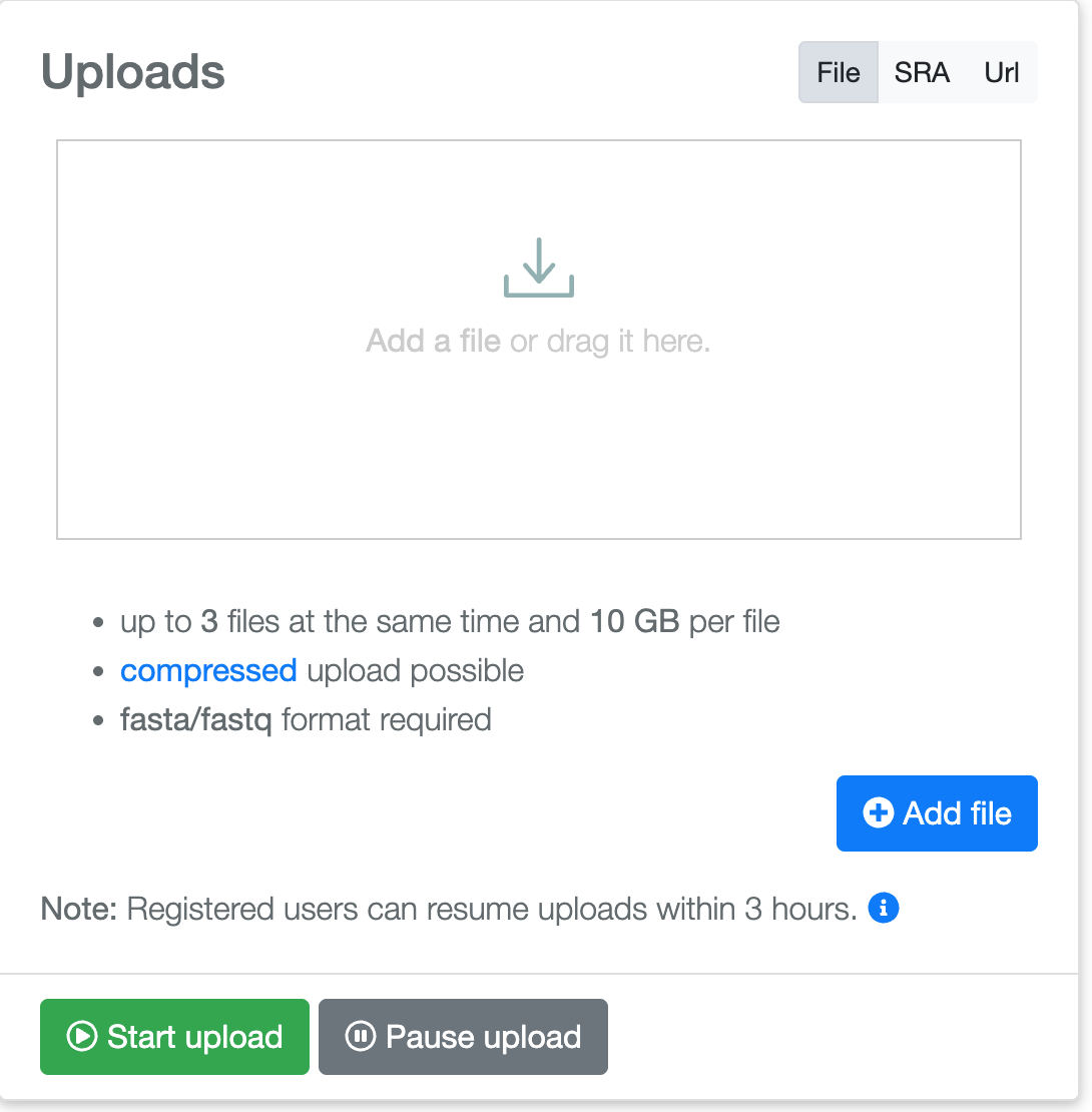 The Uploads panel: File, SRA and Url tabs at top right, a drop zone in the middle, upload limits below it, an Add file button, a note about resuming uploads, and Start and Pause upload buttons.