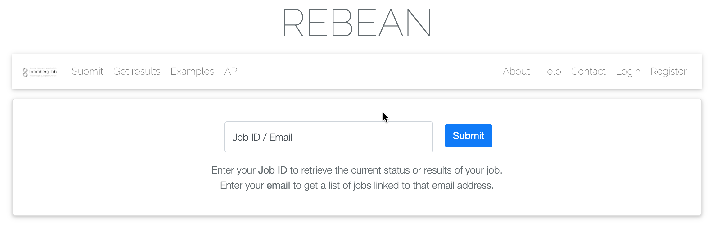 The Get results page: a single text field labelled Job ID slash Email with a Submit button beside it.