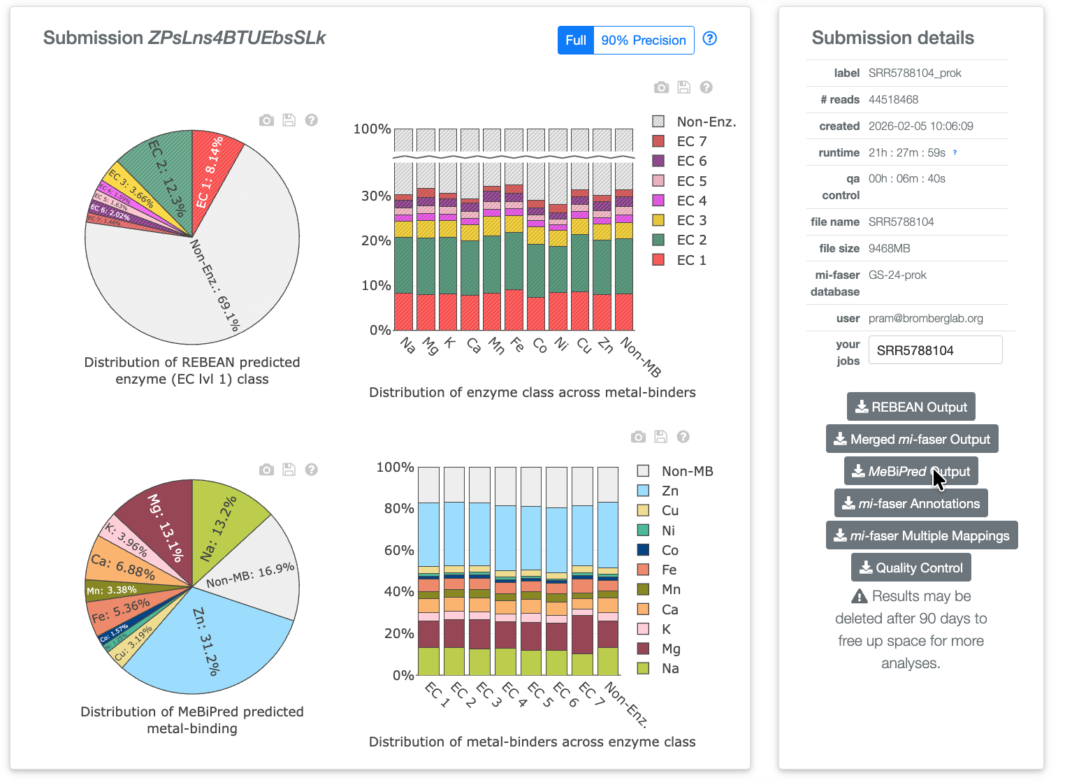 A REBEAN results page: four plots on the left, two pie charts and two stacked bar charts, with a Full / 90% Precision toggle above them; a Submission details panel on the right listing job metadata and six download buttons.